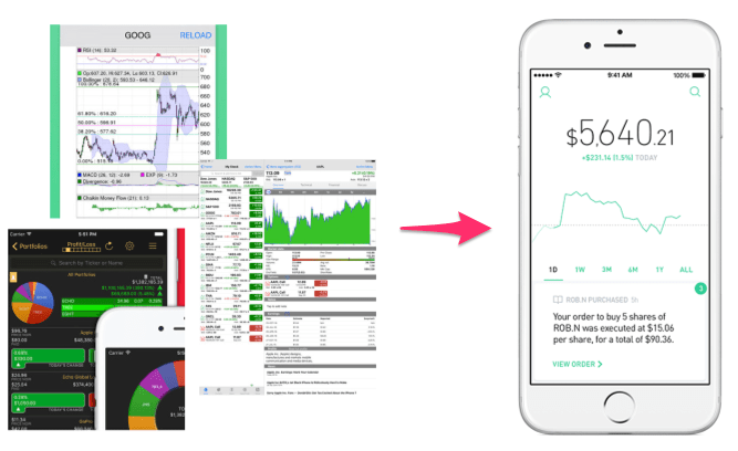 Robinhood's iphone UI is displayed alongside other stock trading app UIs to show that its interface is more accessible and user friendly due to a simplified design and the use of white space.