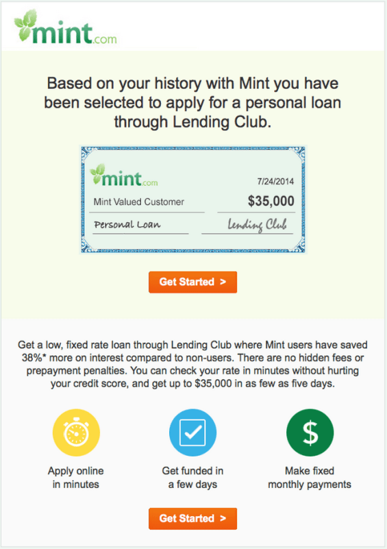 An example of an algorithm-generated ad on Mint's platform. It reads "Based on your history with Mint you have been selected to apply for a personal loan through Lending Club."