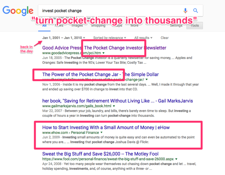 A google SERP for the query "invest pocket change" that lists top results from January 1, 2001 to January 1, 2010. Listed content is centered around how to invest with small amounts of money.
