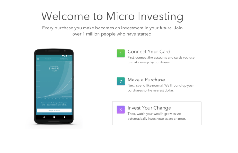An image of an ad for Acorn's pfm app. The banner at the top reads "Welcome to Micro Investing".