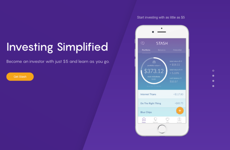 An image from personal finance app Stash's homepage. The banner on the page reads, "Investing Simplified", and the sub banner reads, "Become an investor with just $5 and learn as you go".