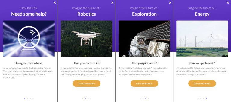 An image of prompts on Stash's website that push a user to think about advances in certain areas, such as robotics, exploration, and energy, in order to guide investment decisions.
