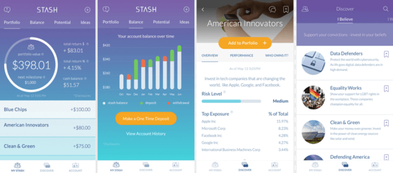 An image of various dashboards across Stash's personal finance app.
