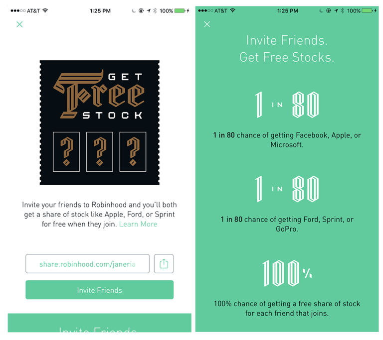 Screenshots of Robinhood's mobile interface containing information related to its referral program. In return for inviting a friend to Robinhood that eventually joins, a user and the friend they invite will both get a share of stock like Apple, Ford, or Sprint.