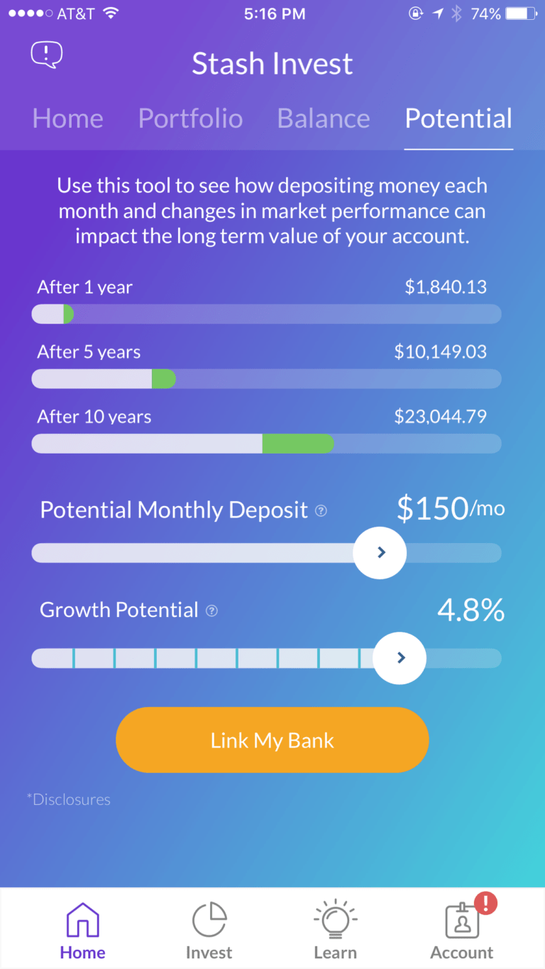 A screenshot of Stash's "Potential" tool, which allows users to gain insight into what would happen if they chose to make long-term investments.