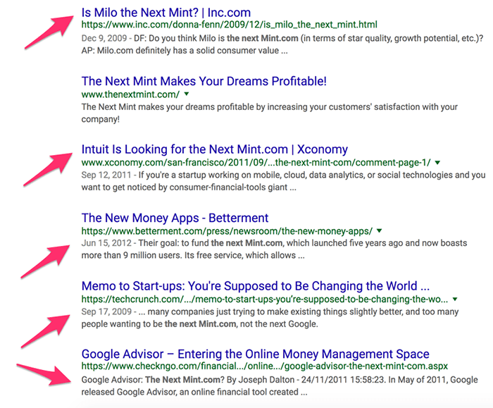 A list of google search results containing the term "the next mint.com". Results cover personal finance startups marketing themselves as the next mint.com as well as companies discussing or looking for the next mint.com.