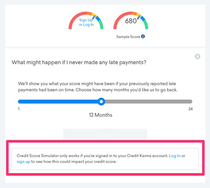 A dialogue box on credit karma's website communicating that a user must either log in or sign up to take advantage of full product functionality.