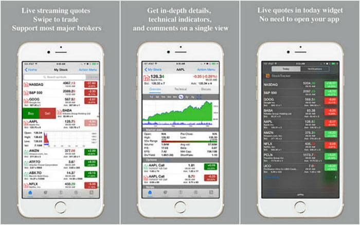 A series of 3 images displaying the i-phone UI for stock trading apps other than Robinhood.