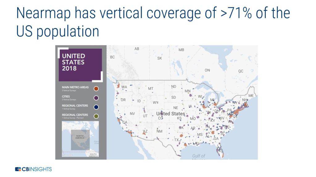 a map showing how the company Nearmap has vertical coverage of more than 71% of the U.S. population. Cheaper aerial imagery is driving one of the top P&C insurance trends.