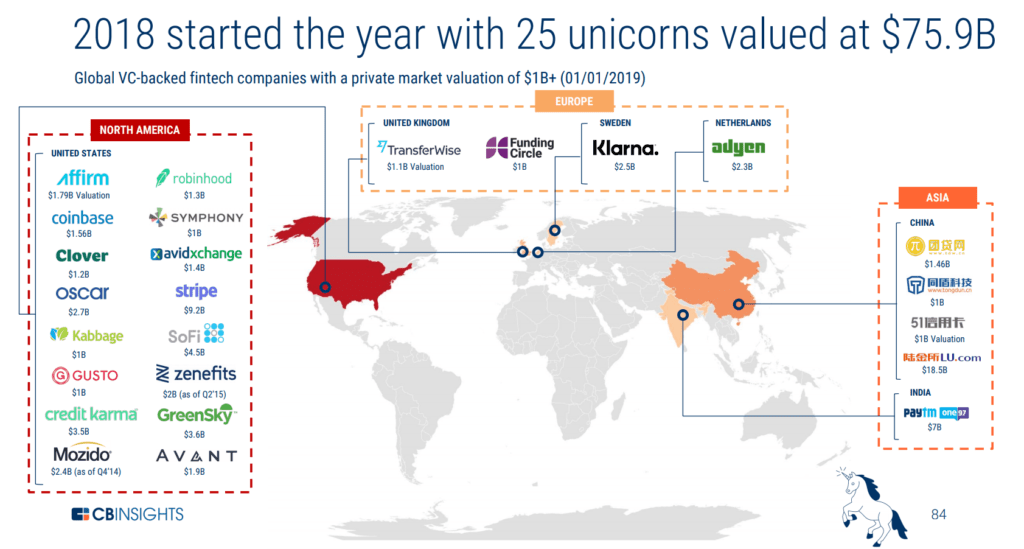 Map showing 25 global fintech unicorns 