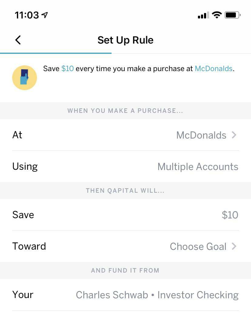 An image of the "Set Up Rule" screen on Qapital's pfm app. This screen is where users can establish the rules surrounding what purchases will trigger money being sent to their savings account and how much money will be sent when those purchases are made.