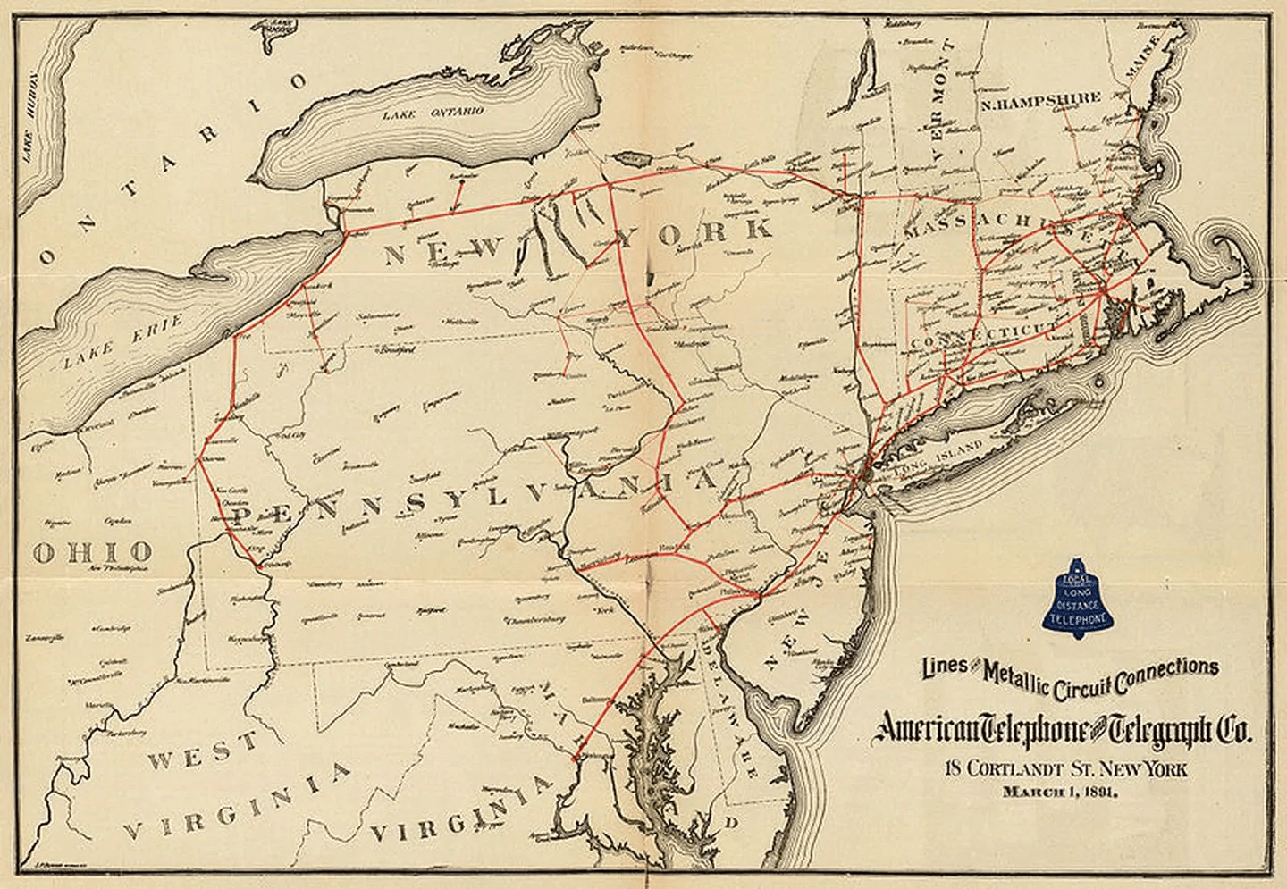 Old American telephone and telegraph company map
