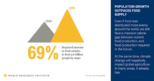 Graphic showing the required increase in food calories necessary to feed an estimated global population of 9 billion by 2050, sourced from the World Resources Institute.