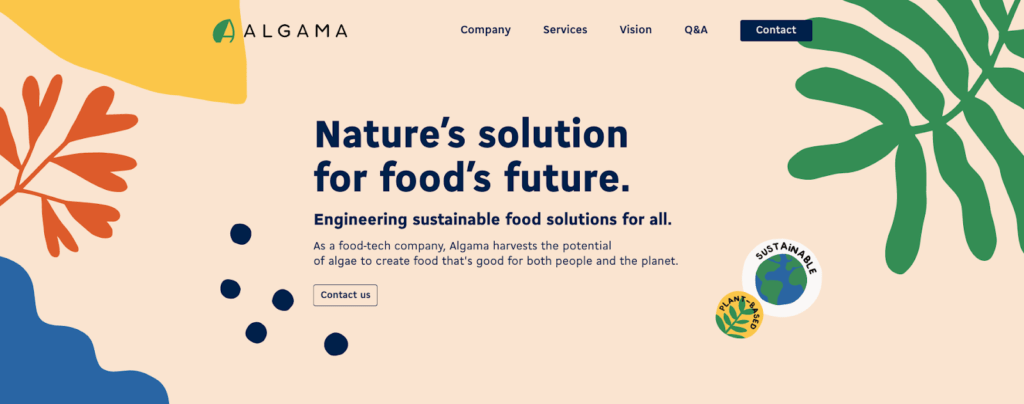 Screenshot of the homepage of Algama, a sustainable algae-based food company.