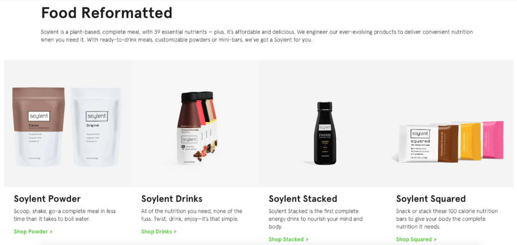 Screenshot of various Soylent meal replacement drink products taken from the Soylent website.