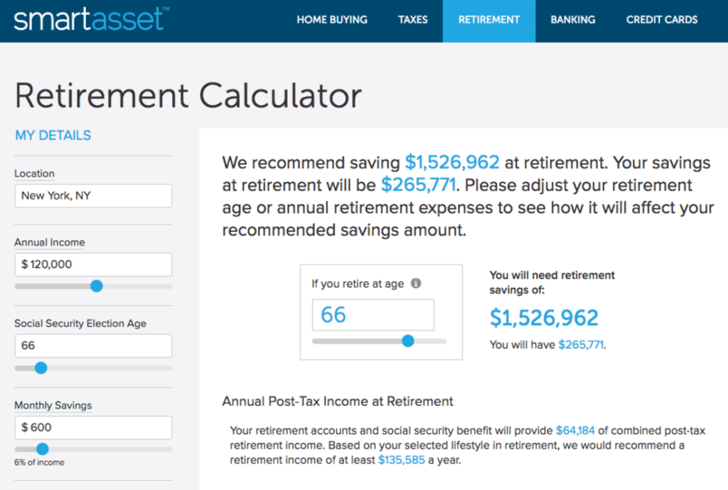 An image of SmartAsset's retirement calculator.