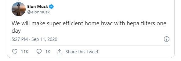 Musk shares on Twitter his plans of making energy-efficient HVAC systems & HEPA filters in the future