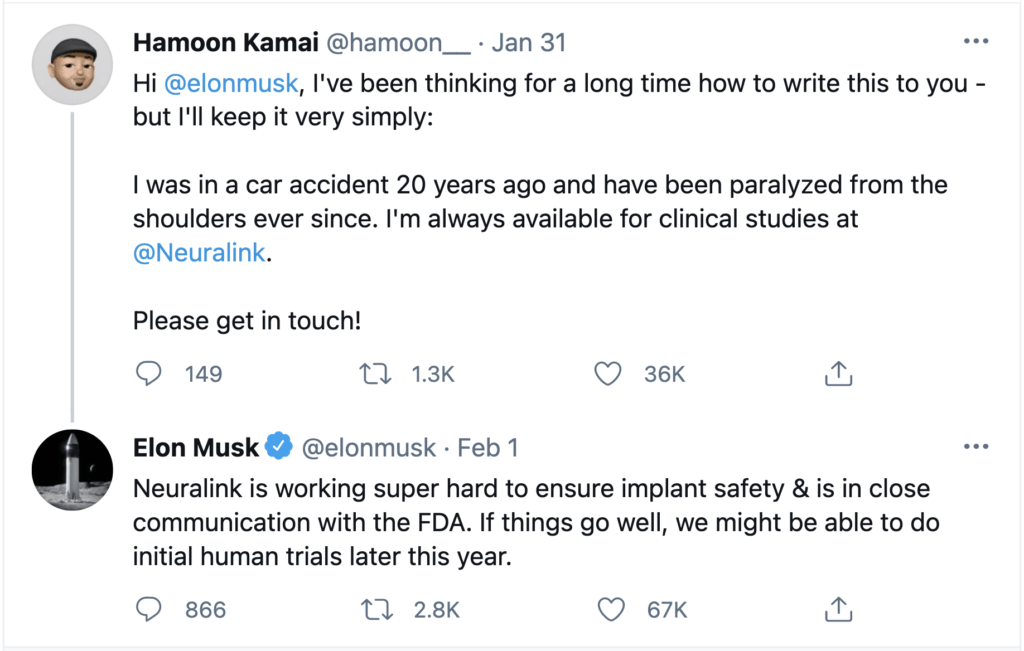 Elon Musk tweets about Neuralink progress in Feb 2021