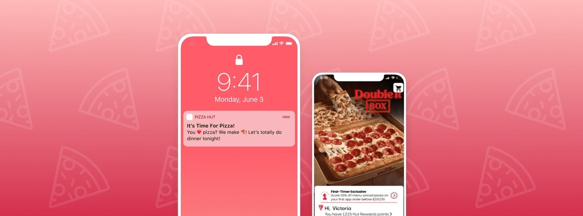 Two smartphones displaying the Pizza Hut app and a notification from the app