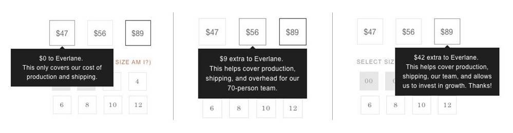 Prices showing Everlane’s “Choose What You Pay" feature