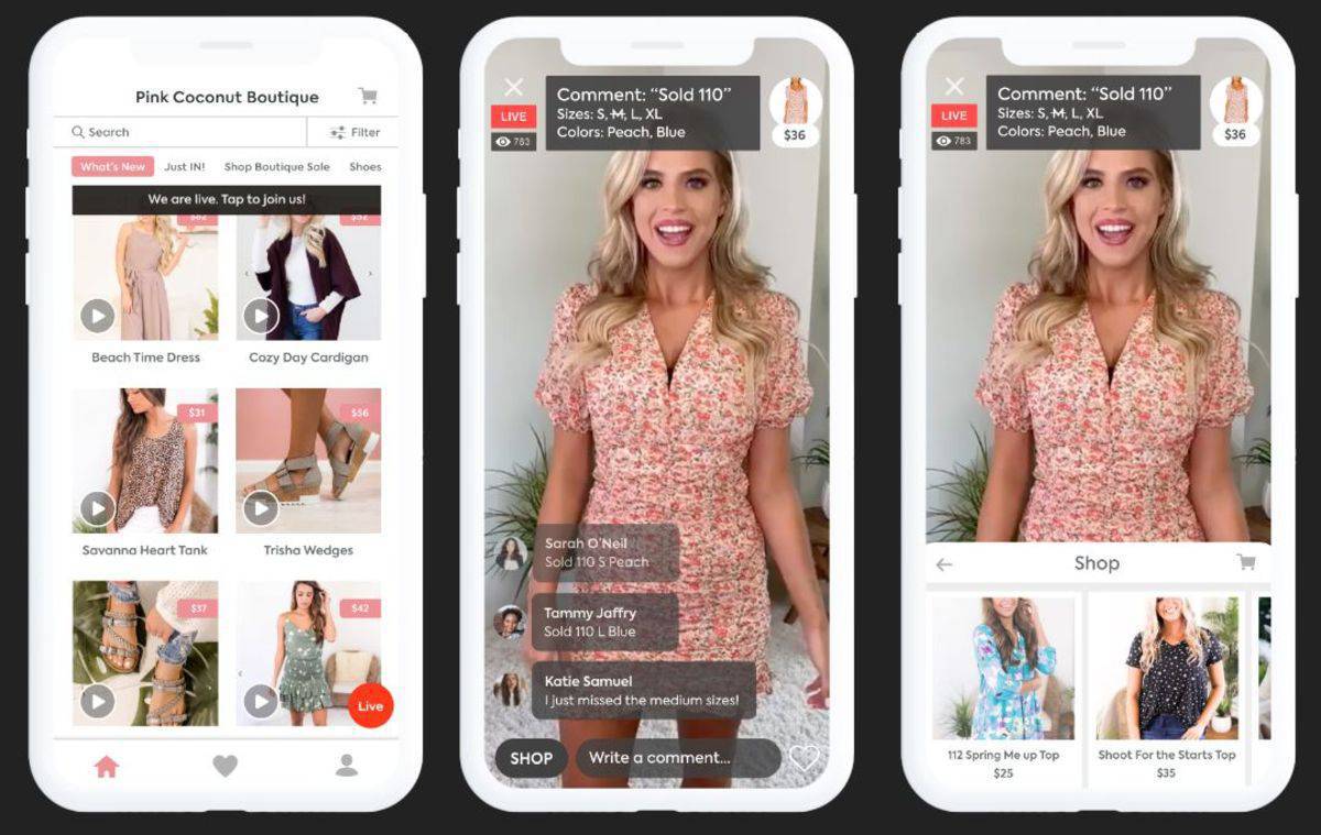 An app showing a woman in a dress with various products tagged and prices displayed