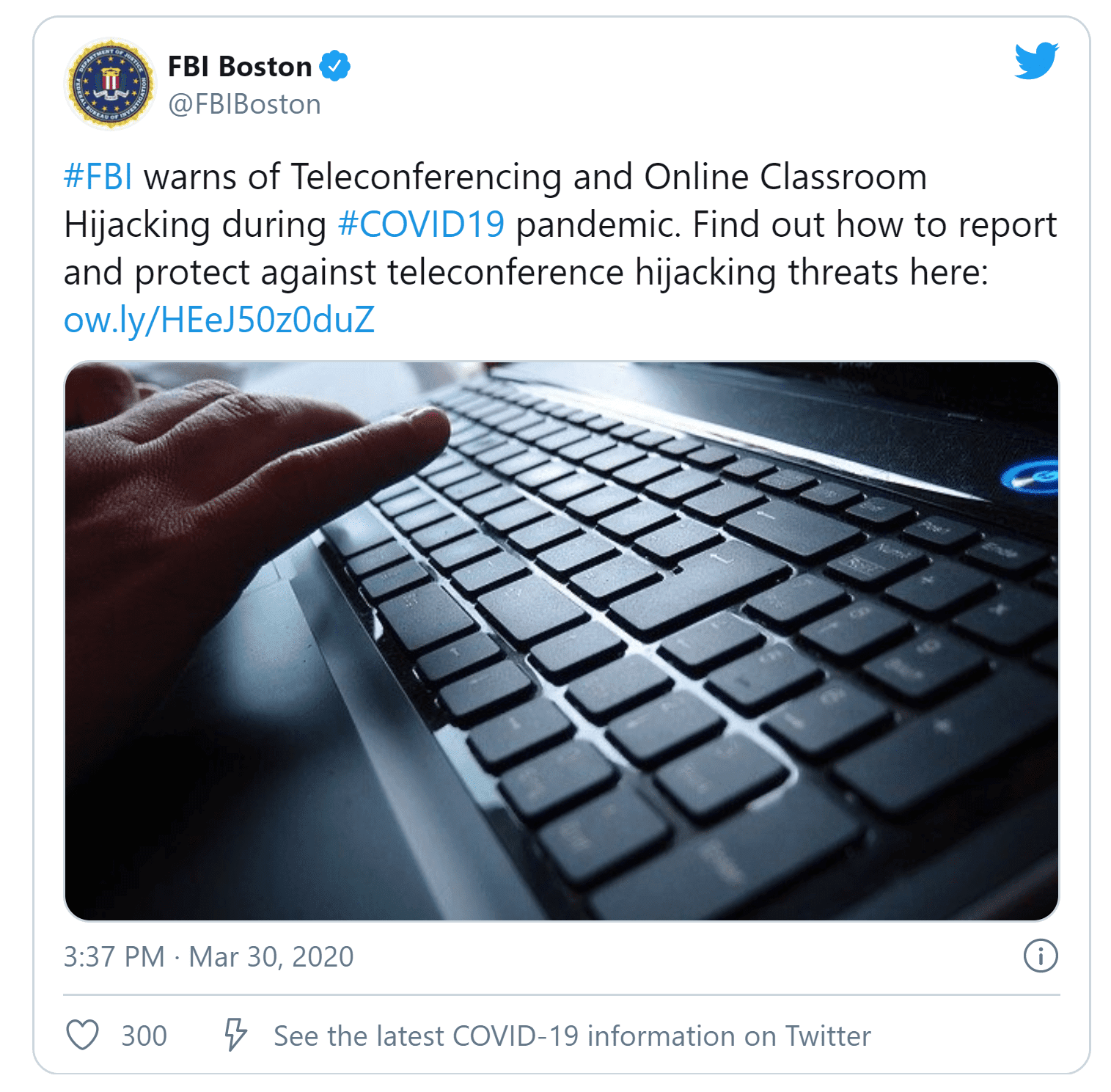 Tweet of FBI warning on hijacking of teleconference and online classrooms