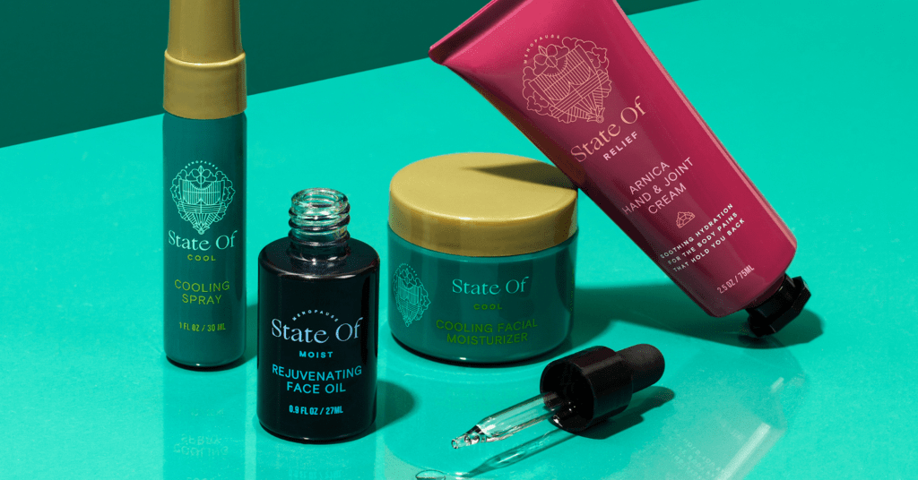State Of beauty products laid out on a bright turquoise background.