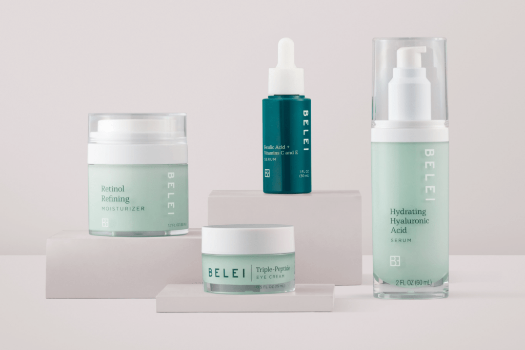 Belei's skincare products featured in front of a gray background.