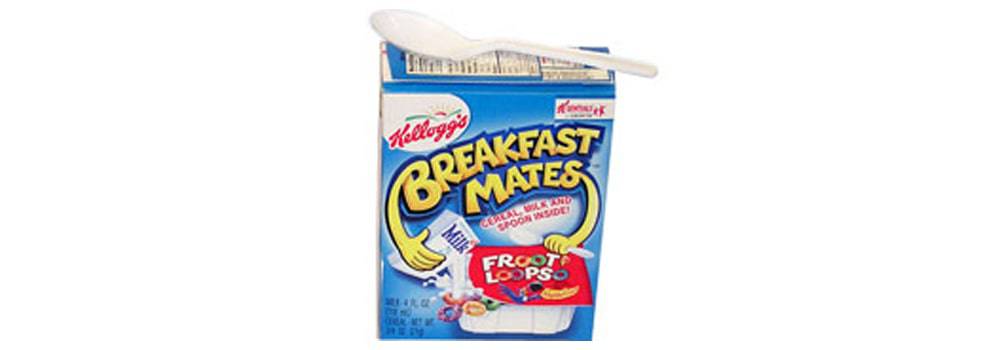 Kellogg’s Breakfast Mates cereal and milk in a box with a spoon