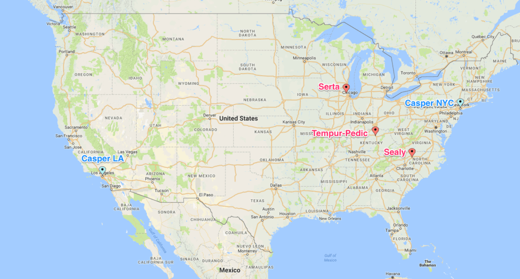 Top mattress companies and cities of their headquarters