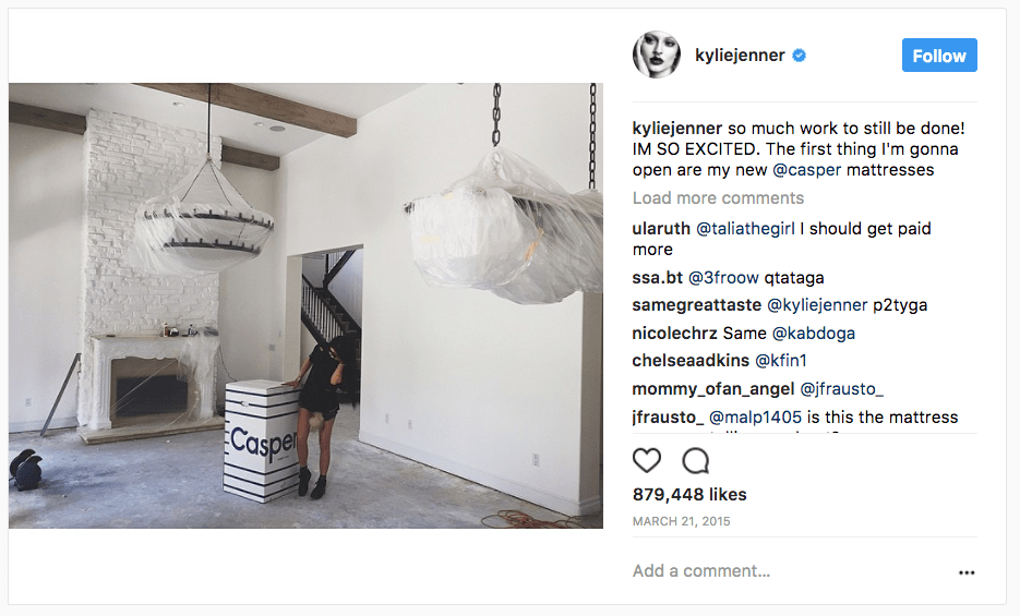 Kylie's instagram photo of Casper mattress