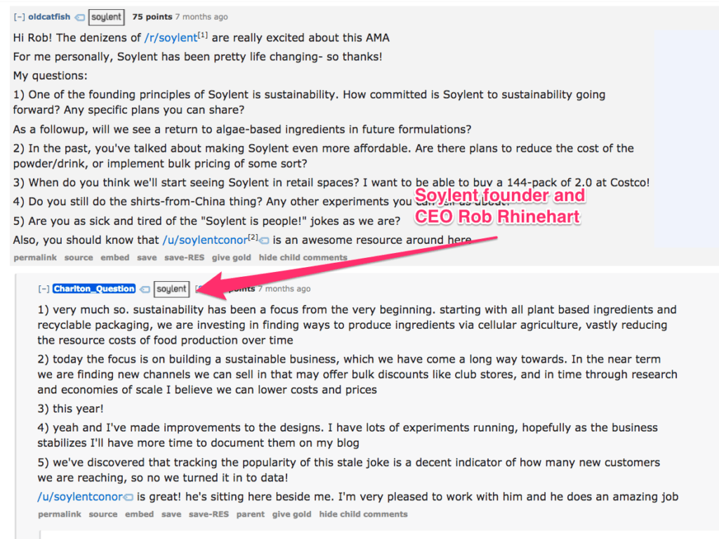 Soylent's founder and CEO, Rob Rhinehart, responding to questions on a subreddit group