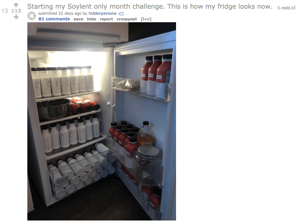 User posting photo of fridge stocked up with a month's worth of Soylent