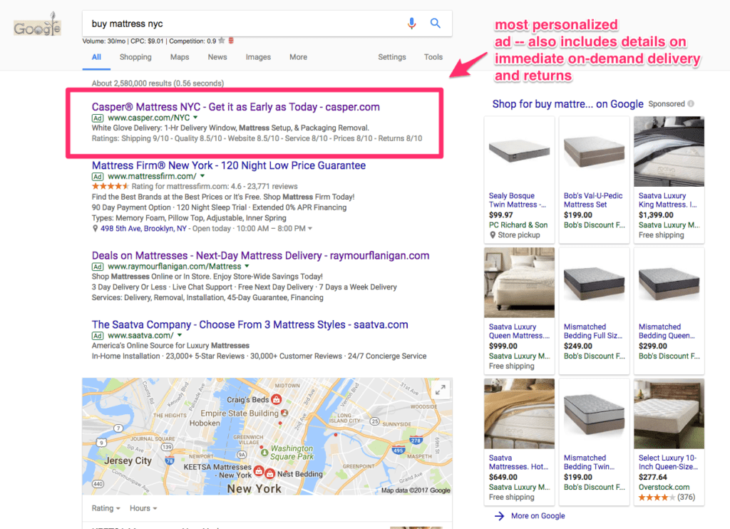 Casper床墊在搜索結果中的個性化穀歌廣告:購買床墊NYC