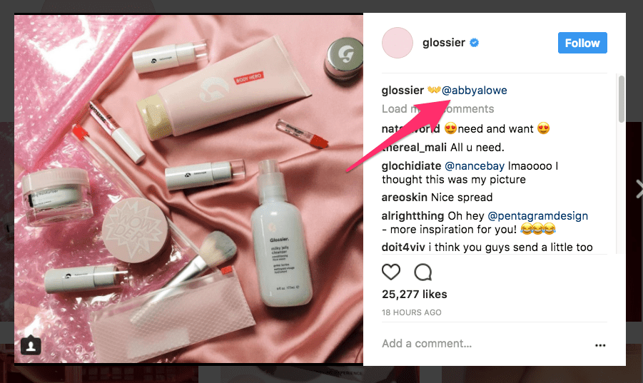The Glossier Instagram page reposting a social post from a user