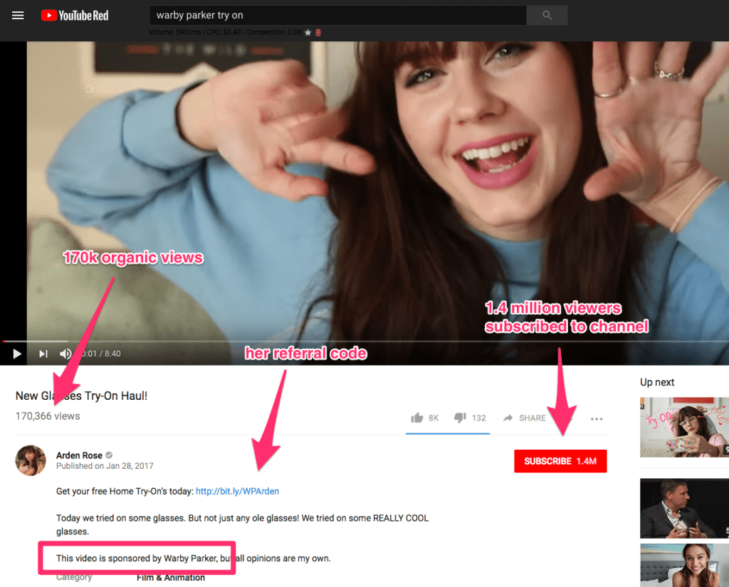 Influencer's sponsored Warby Parker home try on video via YouTube with a referral link and 170,000 views