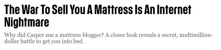 An online article headline: The War to Sell You a Mattress is an Internet Nightmare