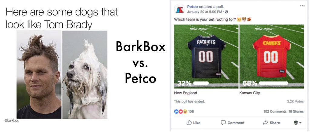 Photo comparing Tom Brady's hair to dog hair and BarkBox using it to compare them to BarkBox vs. Petco