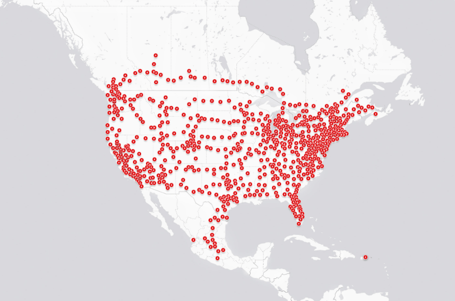 A map of North America showing the locations of Tesla super chargers
