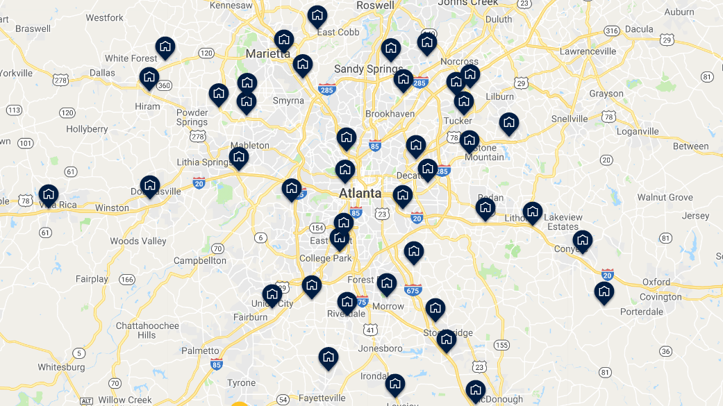 A Google Maps map of Atlanta showing the locations of Walmart stores