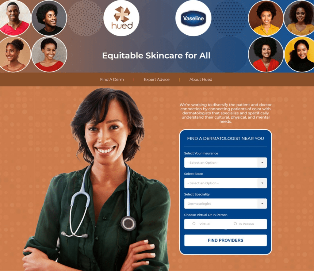 Website for Hued and Vaseline's joint equitable skincare for all venture.