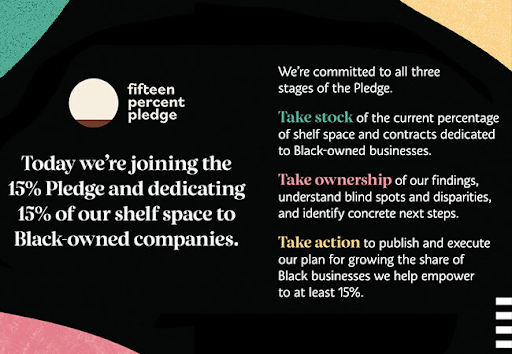 Website screenshot of Sephora's pledge to commit 15% of its shelf space to Black-owned companies.