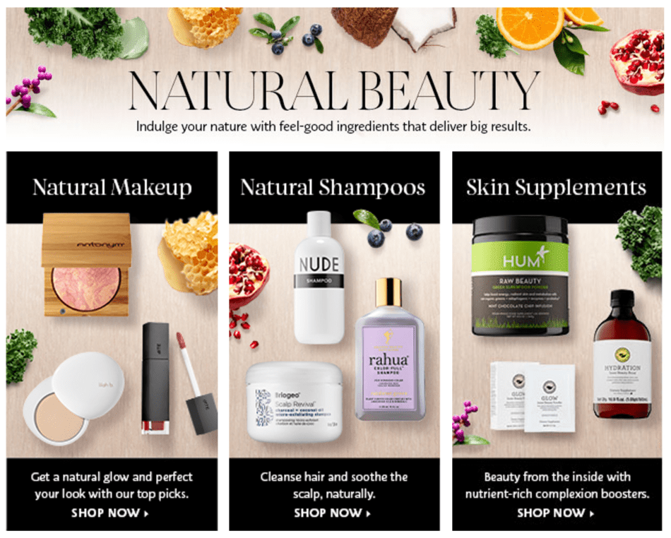 Natural beauty products at Sephora including skin supplements and hair products