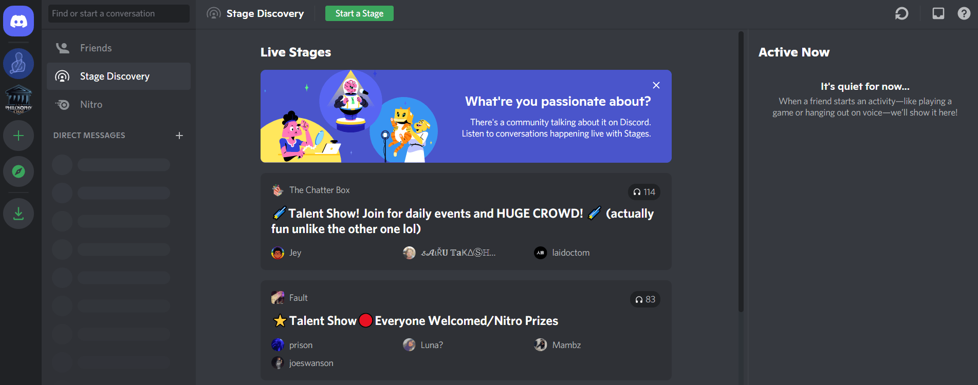 A Discord app interface showing Stage Discovery feature