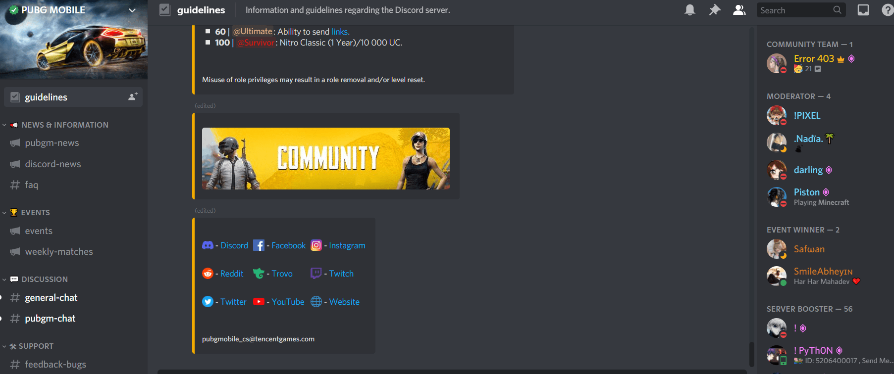 A Discord app interface showing the PUBG MOBILE community homepage