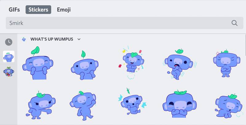 A selection of animated stickers called “What’s Up Wumpus” in Discord’s chat interface