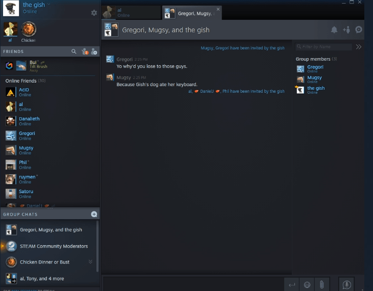 Steam Chat app user interface displaying online contacts and group chats