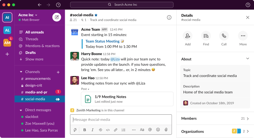 Slack app user interface displaying available channels and chat in #social-media channel