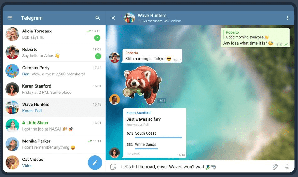 Telegram app user interface displaying a list of contacts and a group chat