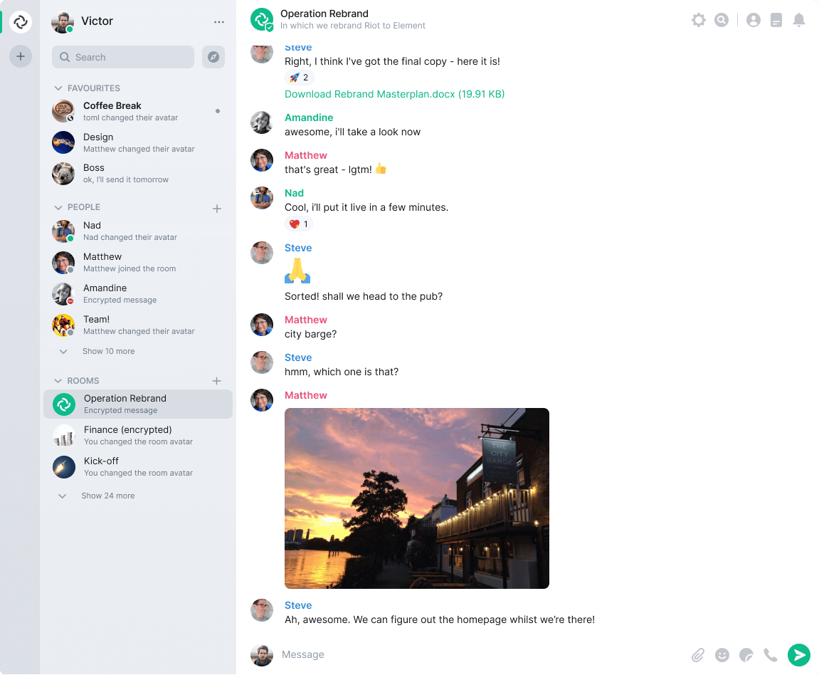 Element app user interface displaying a list of rooms, people, and favorite chats as well as a group chat
